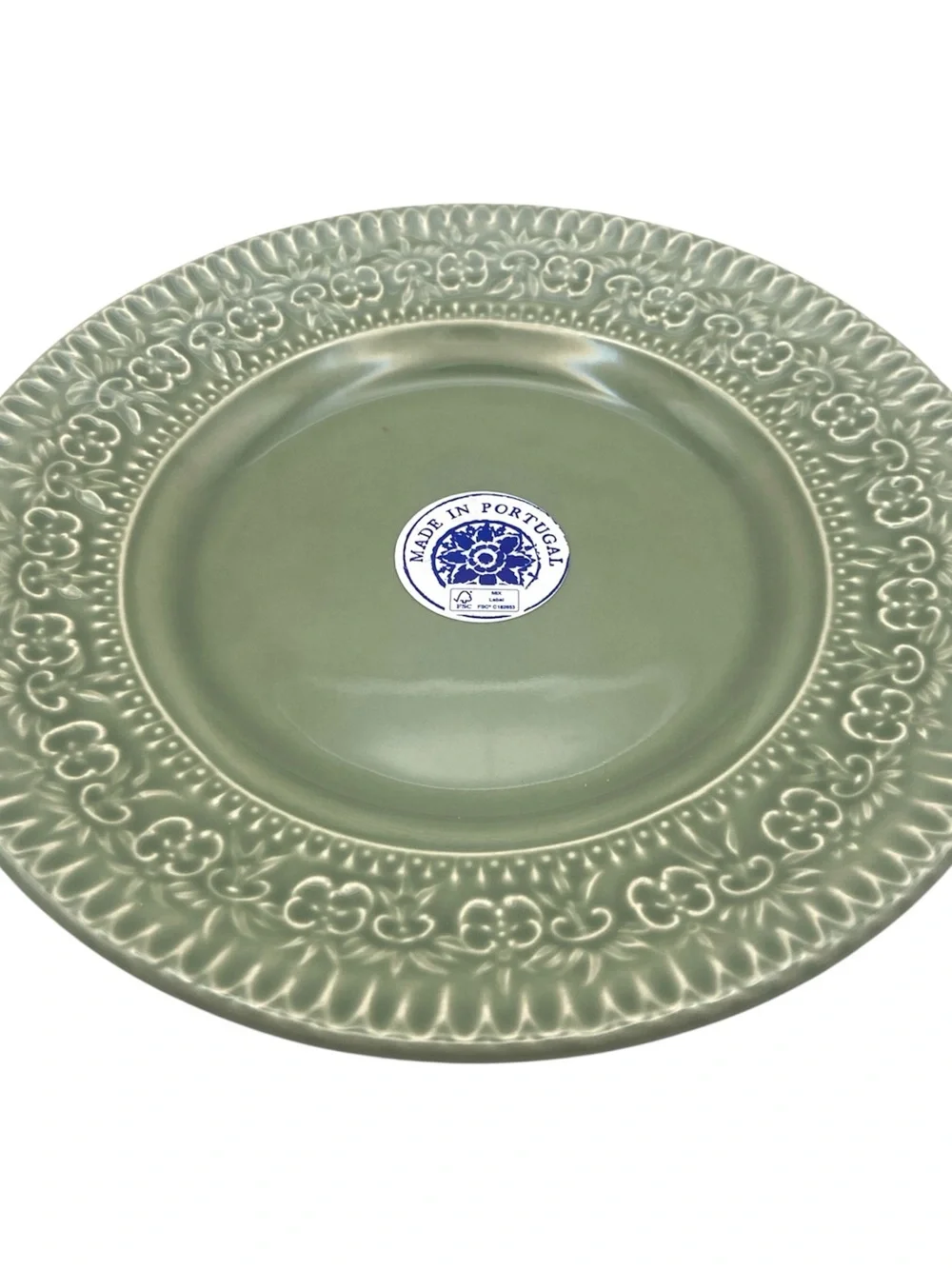 Set of Four Green Ceramic Plates Made in Portugal Boho Floral Leaf Border NWT
